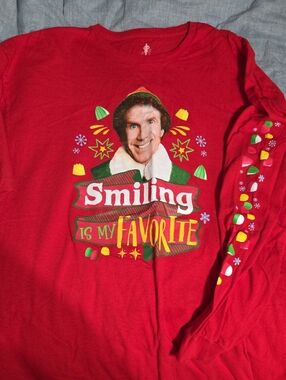 ELF Red Long Sleeve Graphic Tee with Multicolor Holiday Print